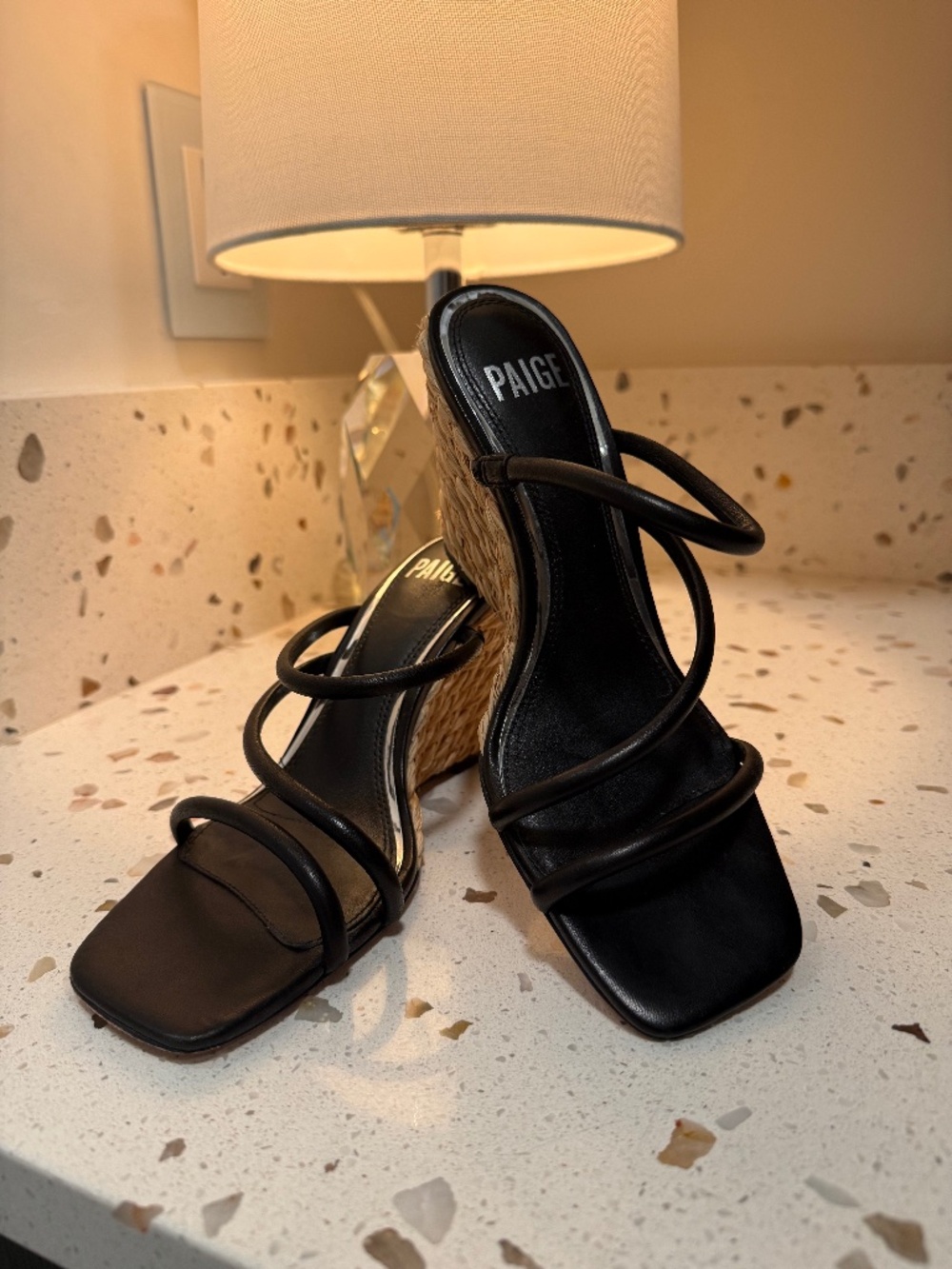 Paige black rafia wedge sandals